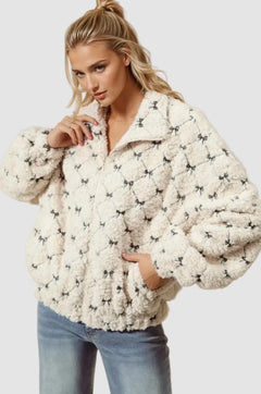 Ribbon Embroidered Fleece Zip Up Front Jacket