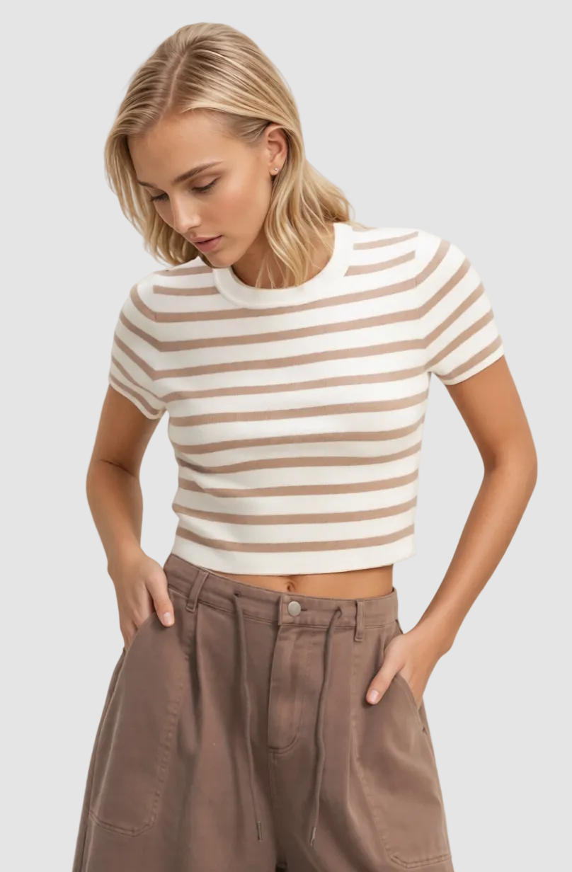 STRIPED AND KNIT CREW NECK CROP TOP