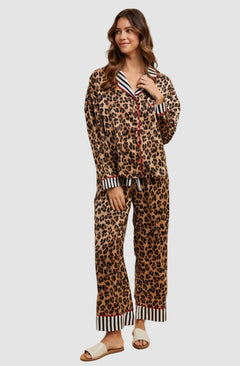LEOPARD SATIN PAJAMA SHIRT & PANTS SET
