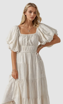 White Dreamy Tiered Puff-sleeve Midi Dress