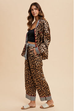 LEOPARD SATIN PAJAMA SHIRT & PANTS SET