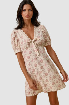Floral Lace Trimed Short Sleeves Mini Dress