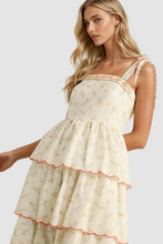 Load image into Gallery viewer, Embroidered Tie Strap Scallop Tiered Midi Dress
