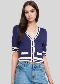 Short Sleeve Scalloped Neckline Knit Cardigan