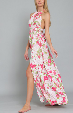 HALTER BACK CROSS STRAP TIERED MAXI DRESS