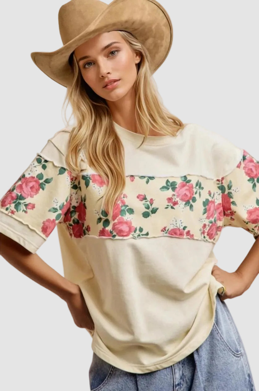 Floral Print Short Sleeves French Terry Top