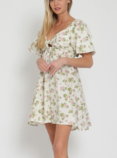 SHORT BUBBLE SLEEVE TIE BACK CHEST MINI DRESS