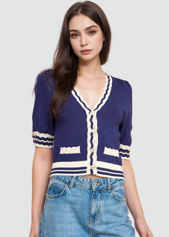 Short Sleeve Scalloped Neckline Knit Cardigan