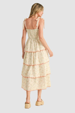 Embroidered Tie Strap Scallop Tiered Midi Dress
