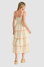 Load image into Gallery viewer, Embroidered Tie Strap Scallop Tiered Midi Dress
