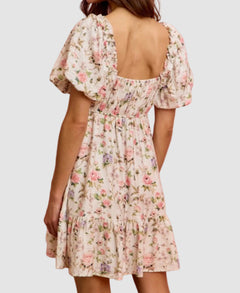 Textured Floral Bubble Sleeves Lined Mini Dress