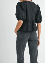 Load image into Gallery viewer, White Puff Sleeve Blouse with Black Bow Tie Detail – 100% Rayon
