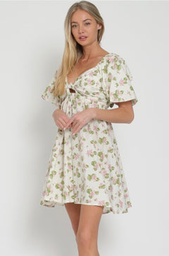 SHORT BUBBLE SLEEVE TIE BACK CHEST MINI DRESS