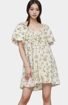 SHORT BUBBLE SLEEVE TIE BACK CHEST MINI DRESS