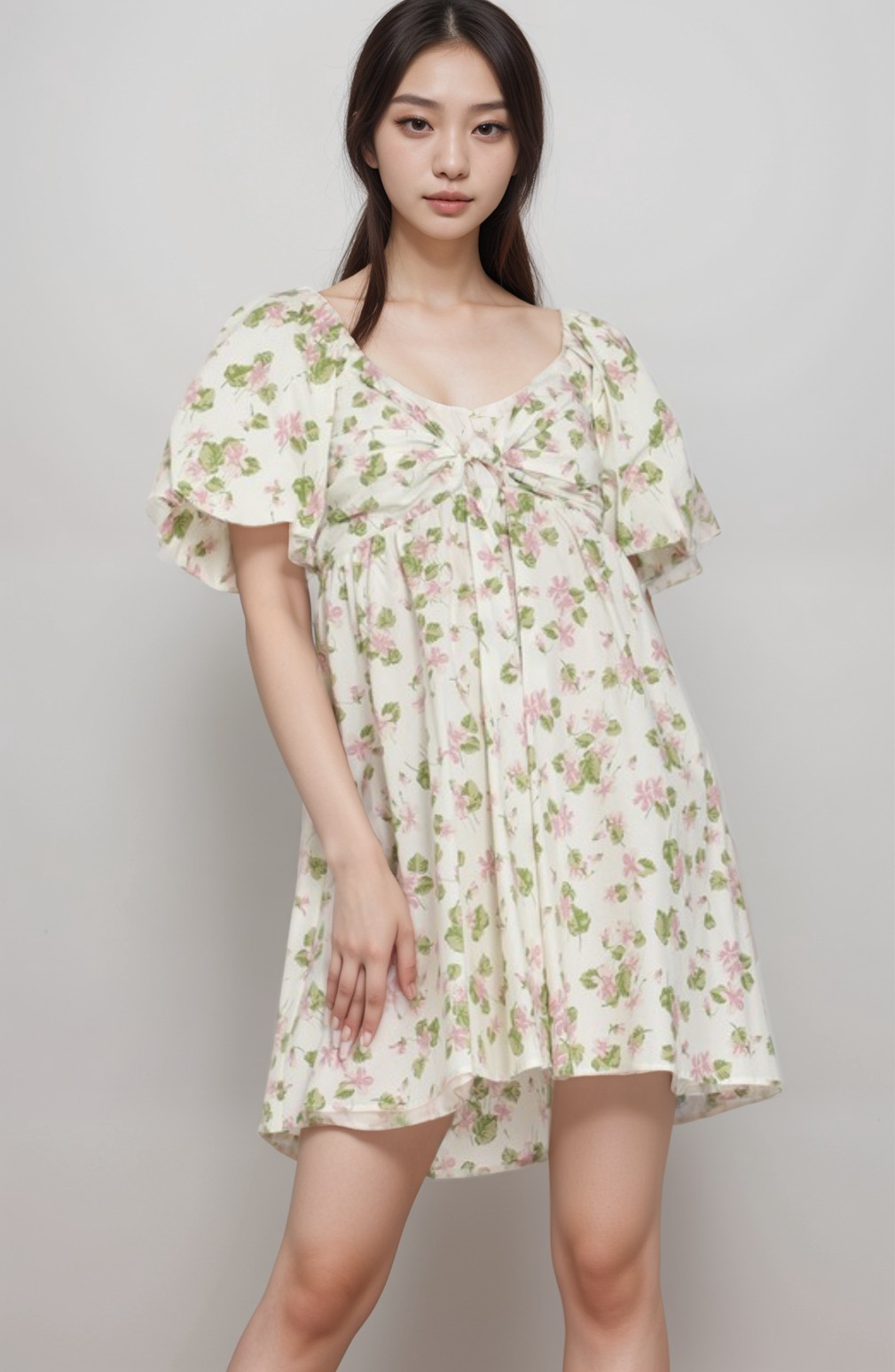 SHORT BUBBLE SLEEVE TIE BACK CHEST MINI DRESS