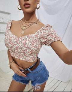 Ditsy Floral Print Tie Back Sweetheart Neck Blouse