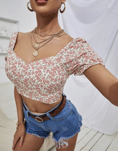 Ditsy Floral Print Tie Back Sweetheart Neck Blouse