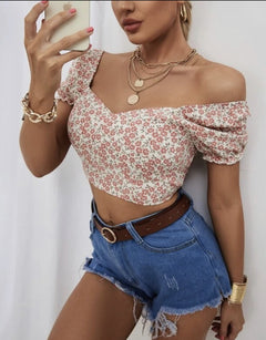 Ditsy Floral Print Tie Back Sweetheart Neck Blouse
