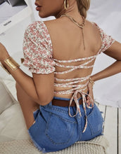 Load image into Gallery viewer, Ditsy Floral Print Tie Back Sweetheart Neck Blouse

