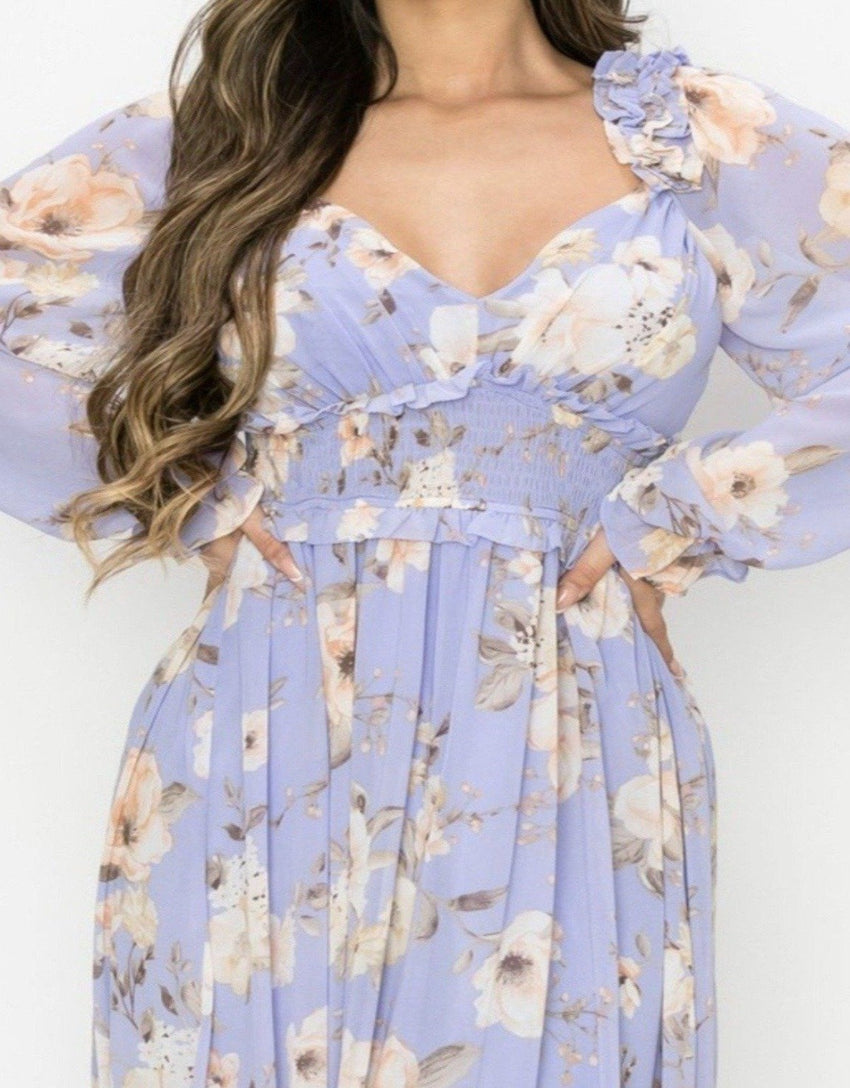 Sheer Chiffon Deep-V Long Sleeve High quality Maxi Dress